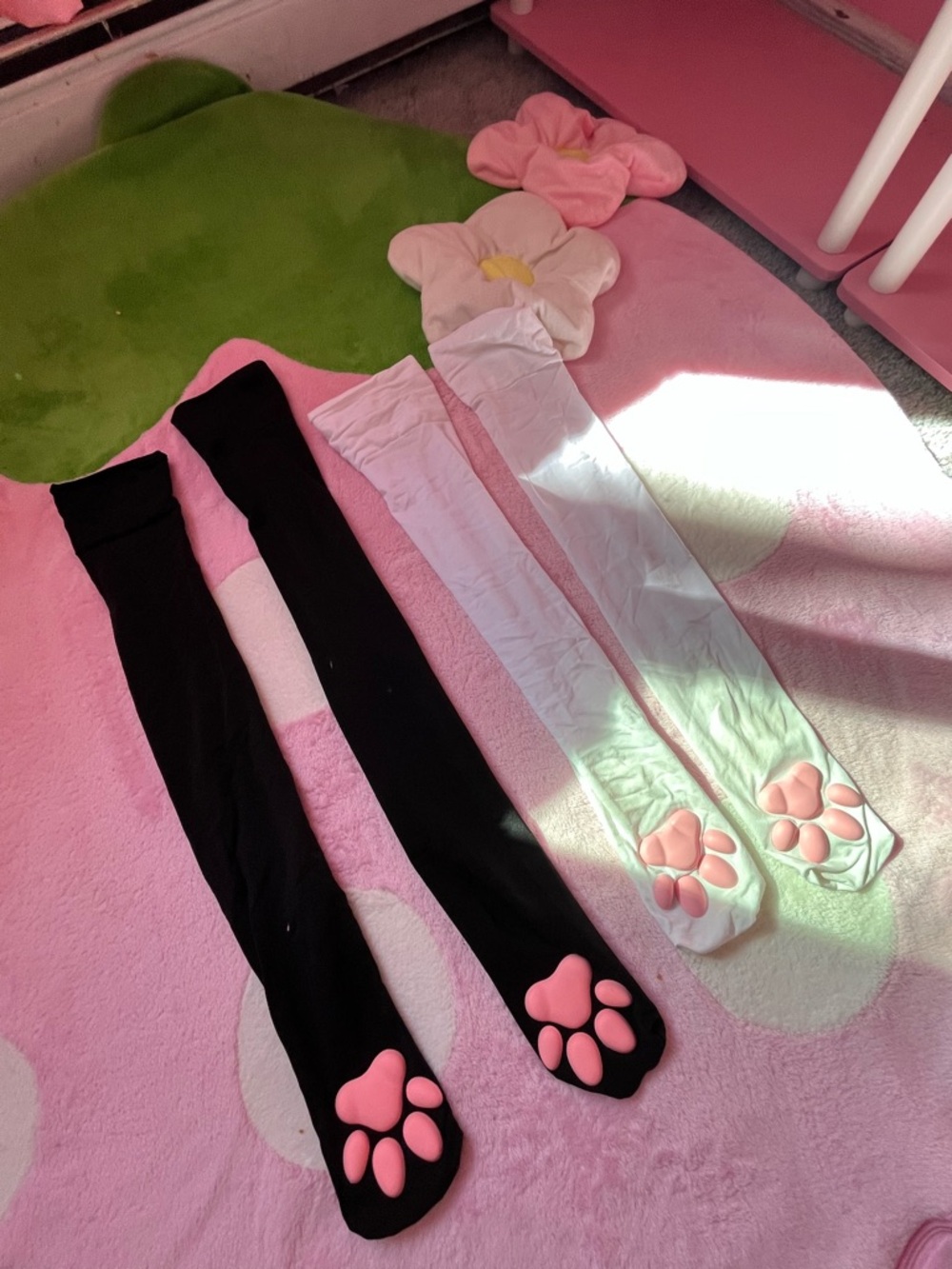 Cute Paw Print Thigh-High Socks - Black & White